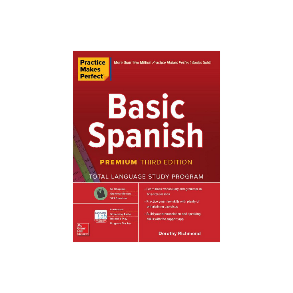 Book titled 'Basic Spanish' by Practice Makes Perfect on a white background