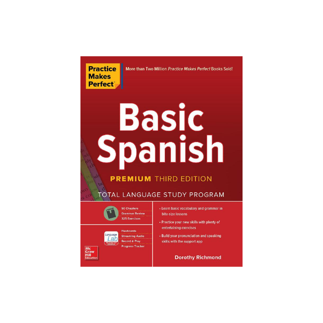 Book titled 'Basic Spanish' by Practice Makes Perfect on a white background