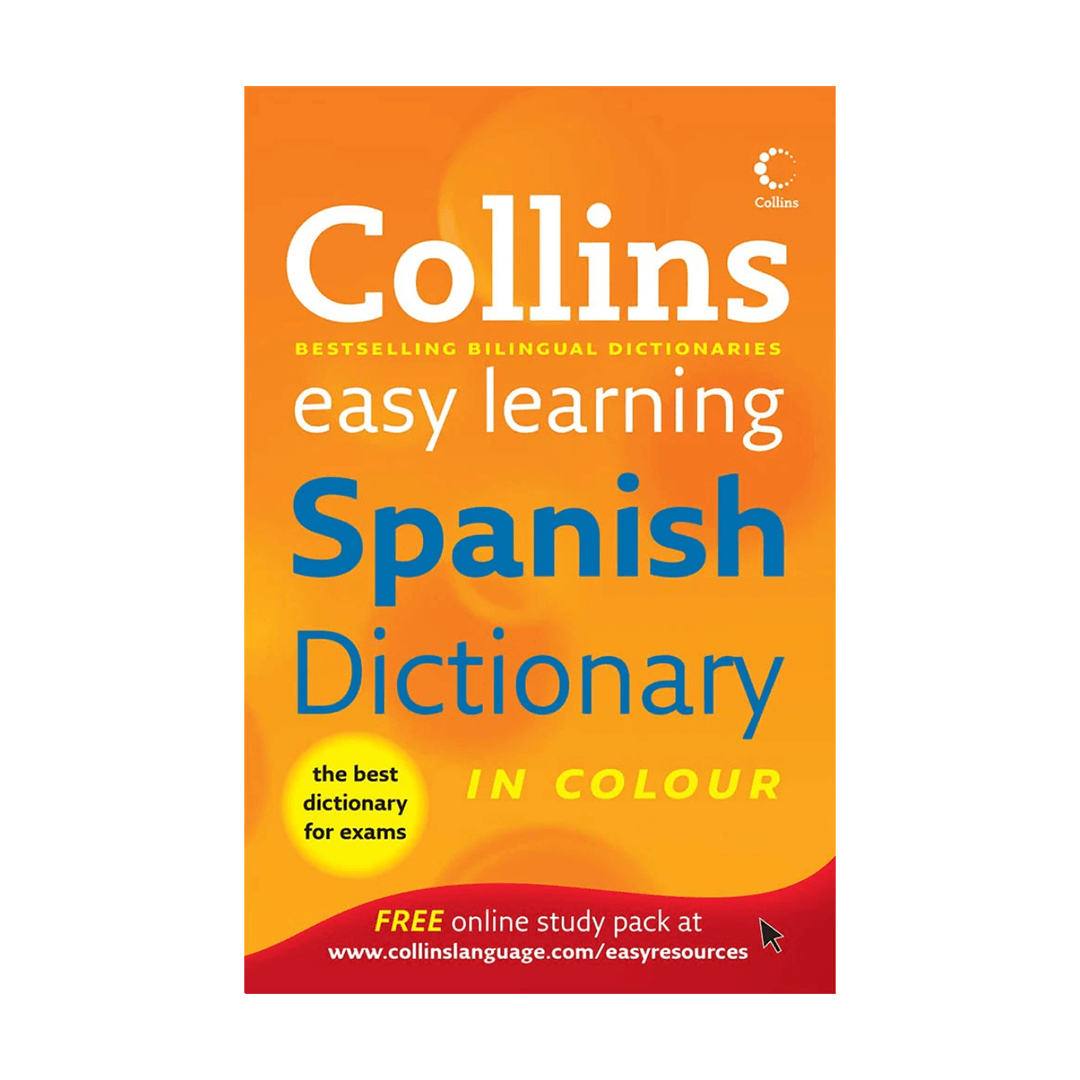 Collins easy learning Spanish dictionary book cover on a black background