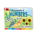 A children's picture book titled 'Picturepedia of NUMBERS' shown on a plain white background. The cover features colorful cartoon illustrations of a butterfly, two cats, and three sunflowers with numbers 1, 2, and 3 labeling them.