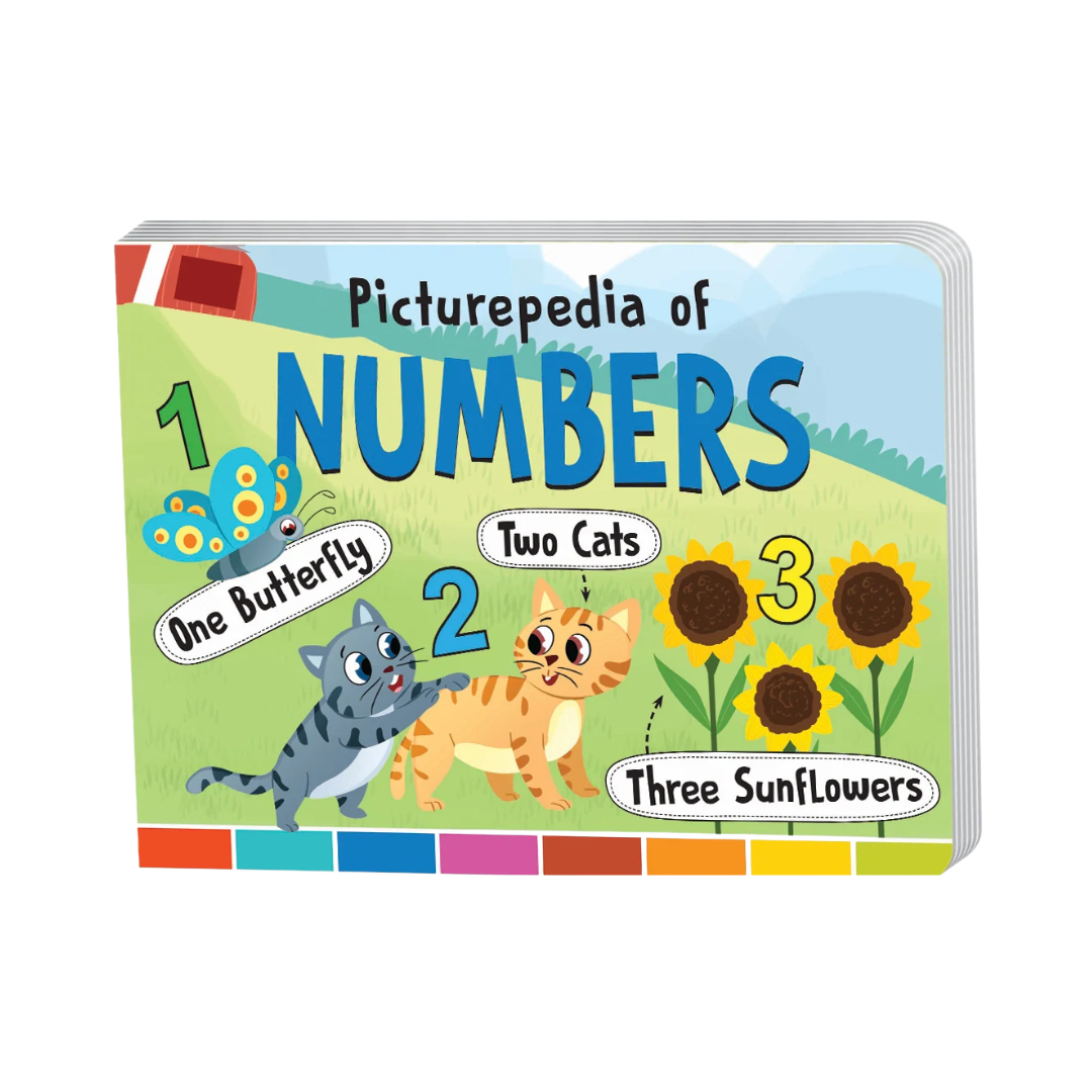 A children's picture book titled 'Picturepedia of NUMBERS' shown on a plain white background. The cover features colorful cartoon illustrations of a butterfly, two cats, and three sunflowers with numbers 1, 2, and 3 labeling them.