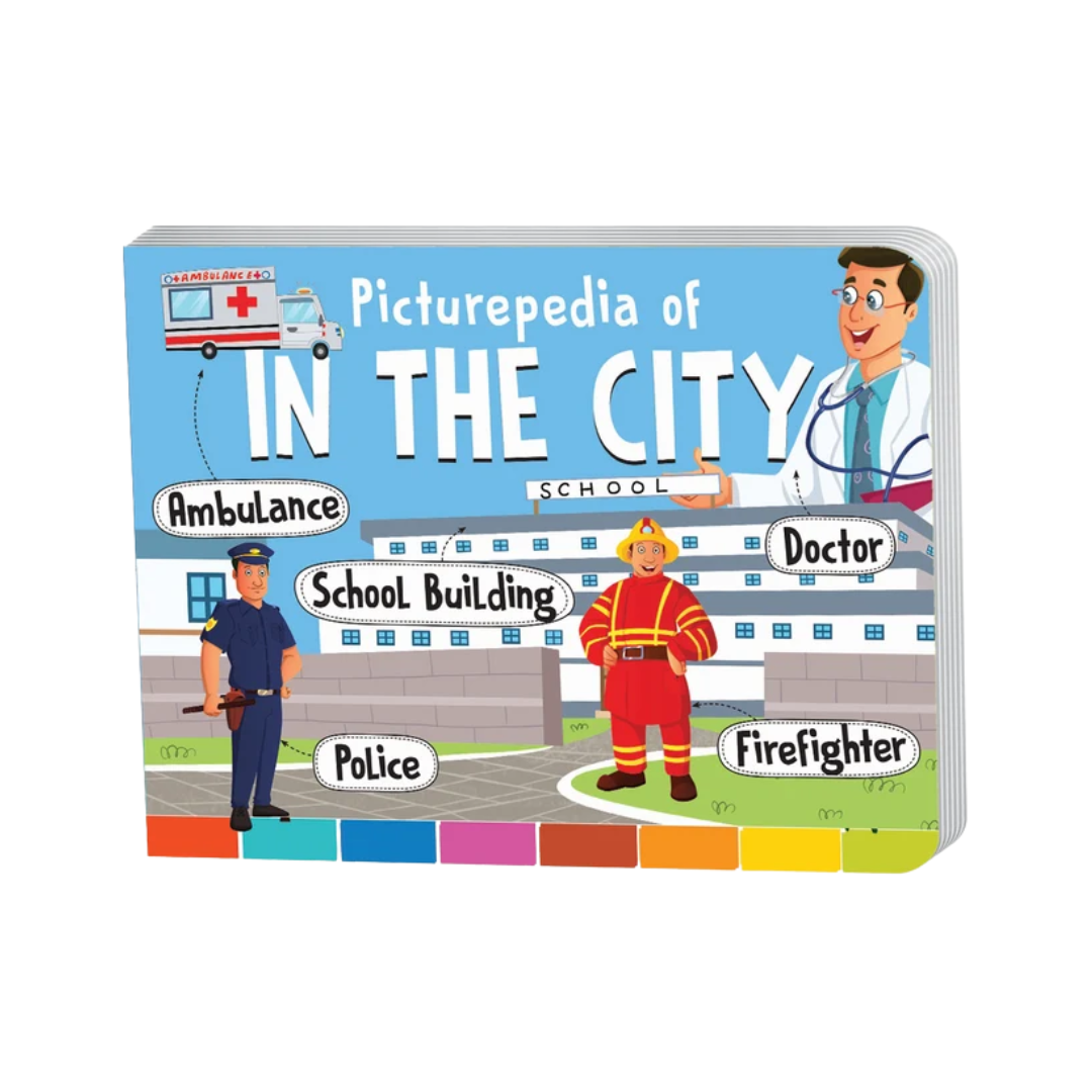 Picturepedia of in the City children's activity board book, featuring colorful illustrations of an ambulance, police officer, doctor, school building, and firefighter on a light blue background.
