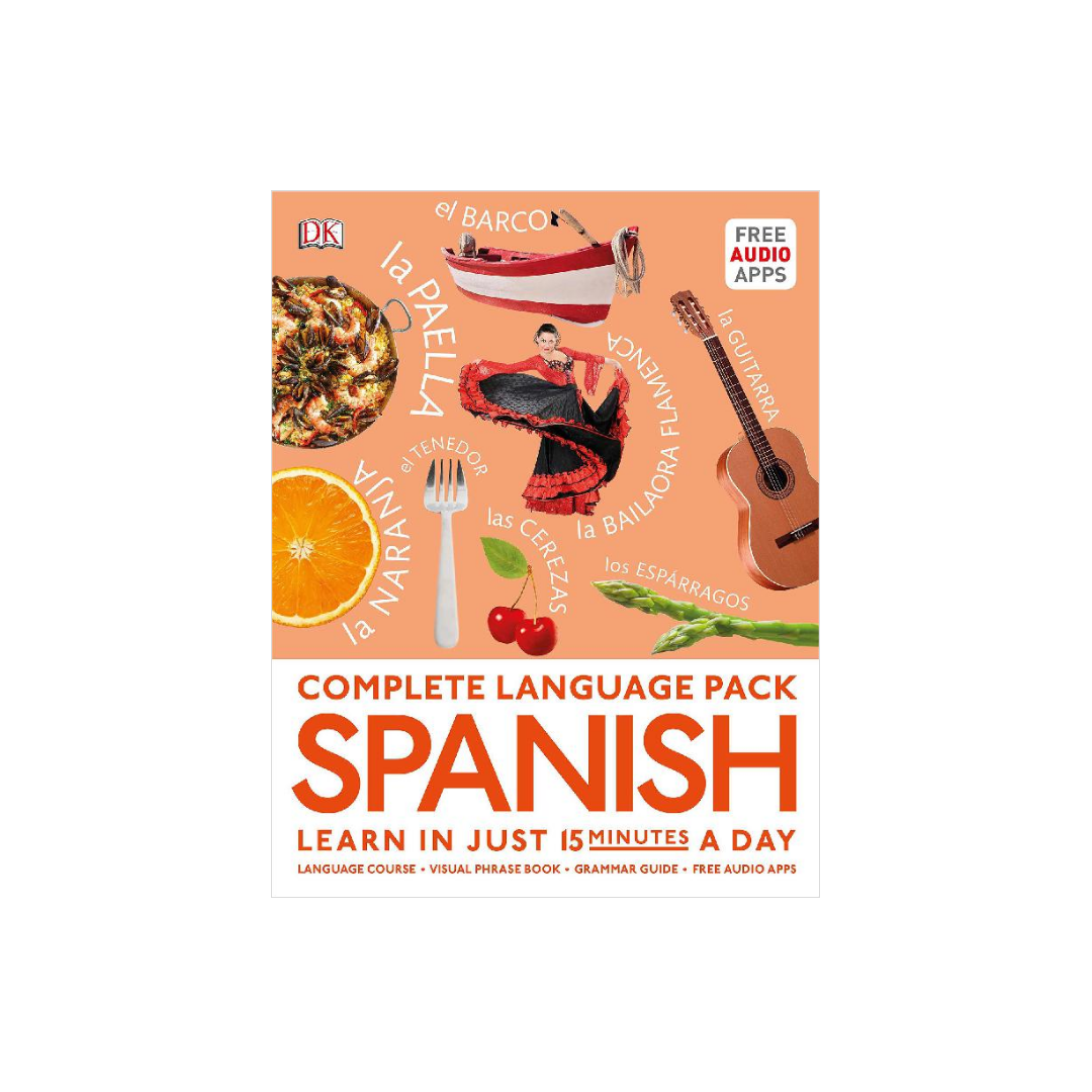 Book cover of 'Spanish' language learning pack with colorful illustrations on a white background