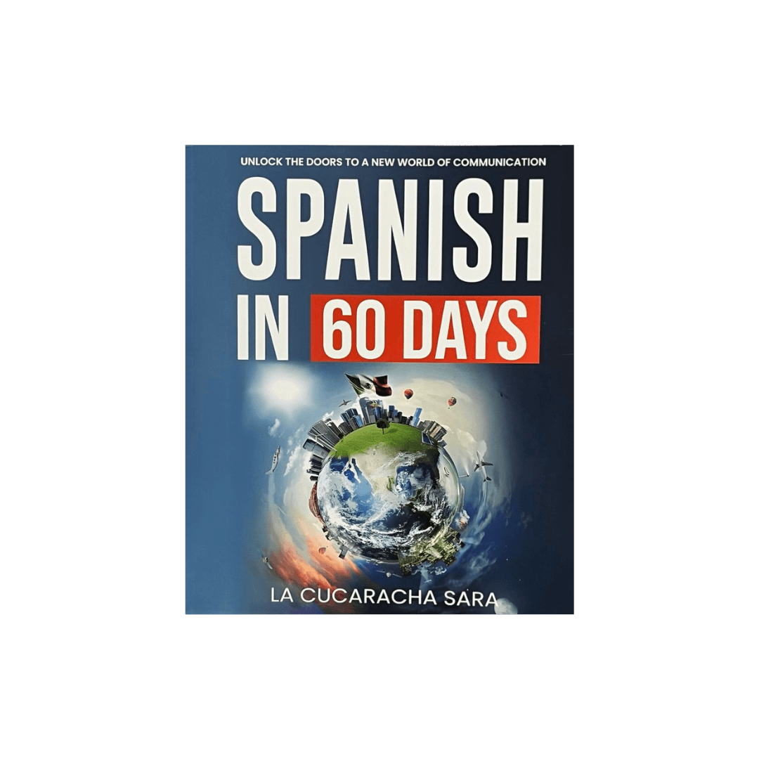 Book cover of 'Spanish in 60 Days' with a world map design on a blue background.
