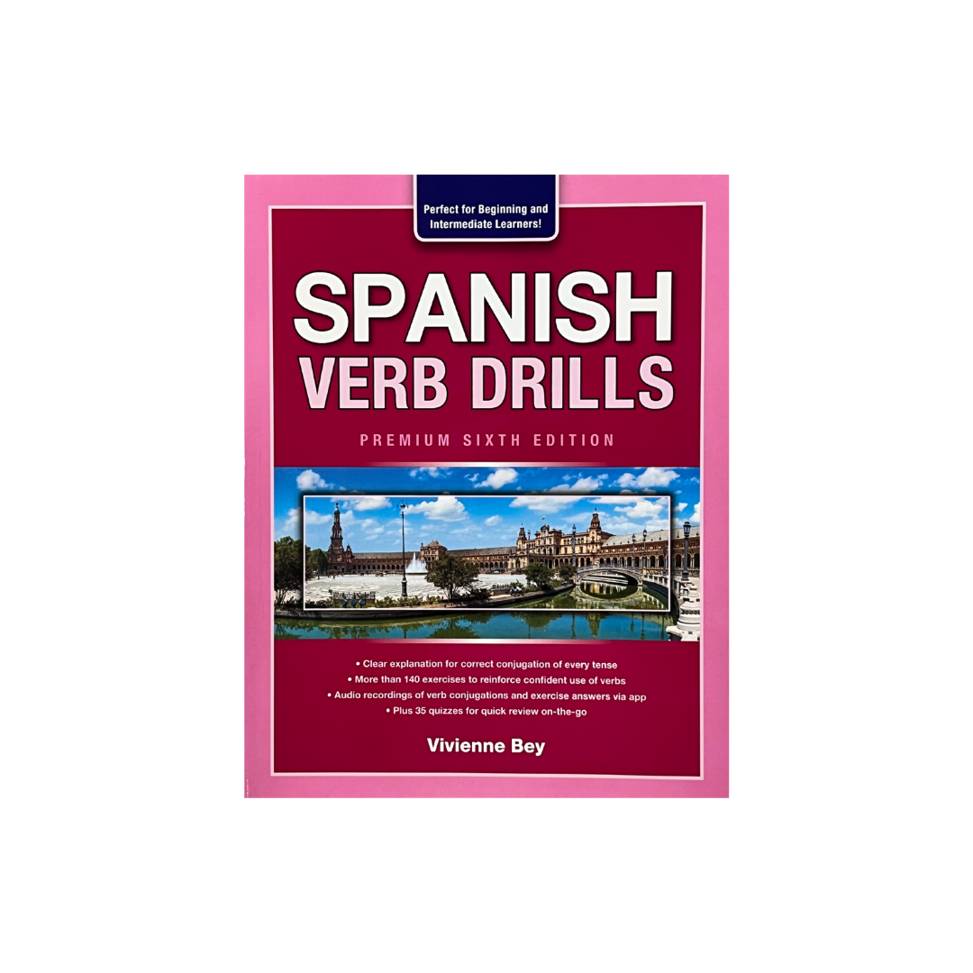 Book titled 'Spanish Verb Drills' with a pink border on a white background