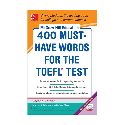 Book cover of '400 Must-Have Words for the TOEFL Test' by McGraw-Hill Education on a black background.