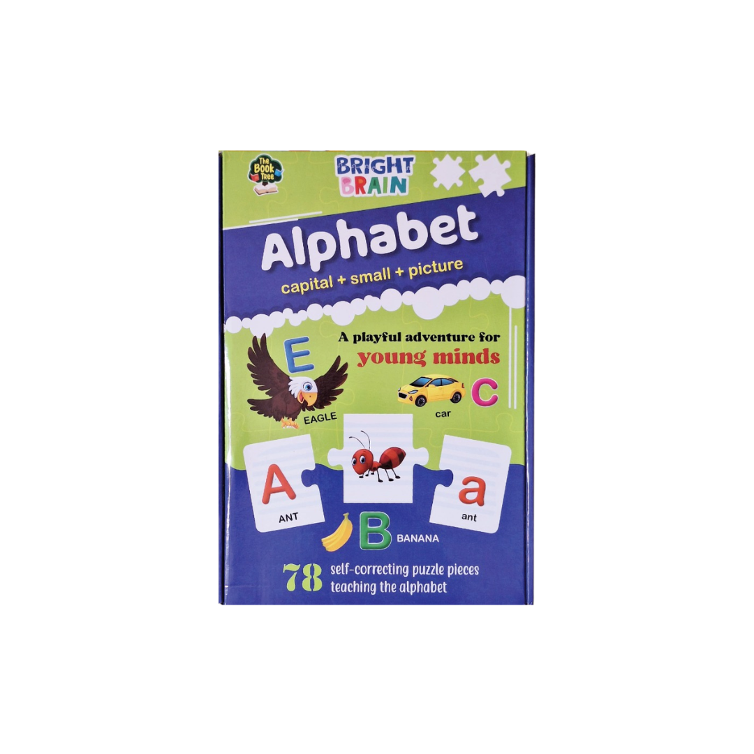 A Bright Brain alphabet puzzle box featuring 78 self-correcting pieces, colorful illustrations of an eagle, car, ant, and banana on a blue background.