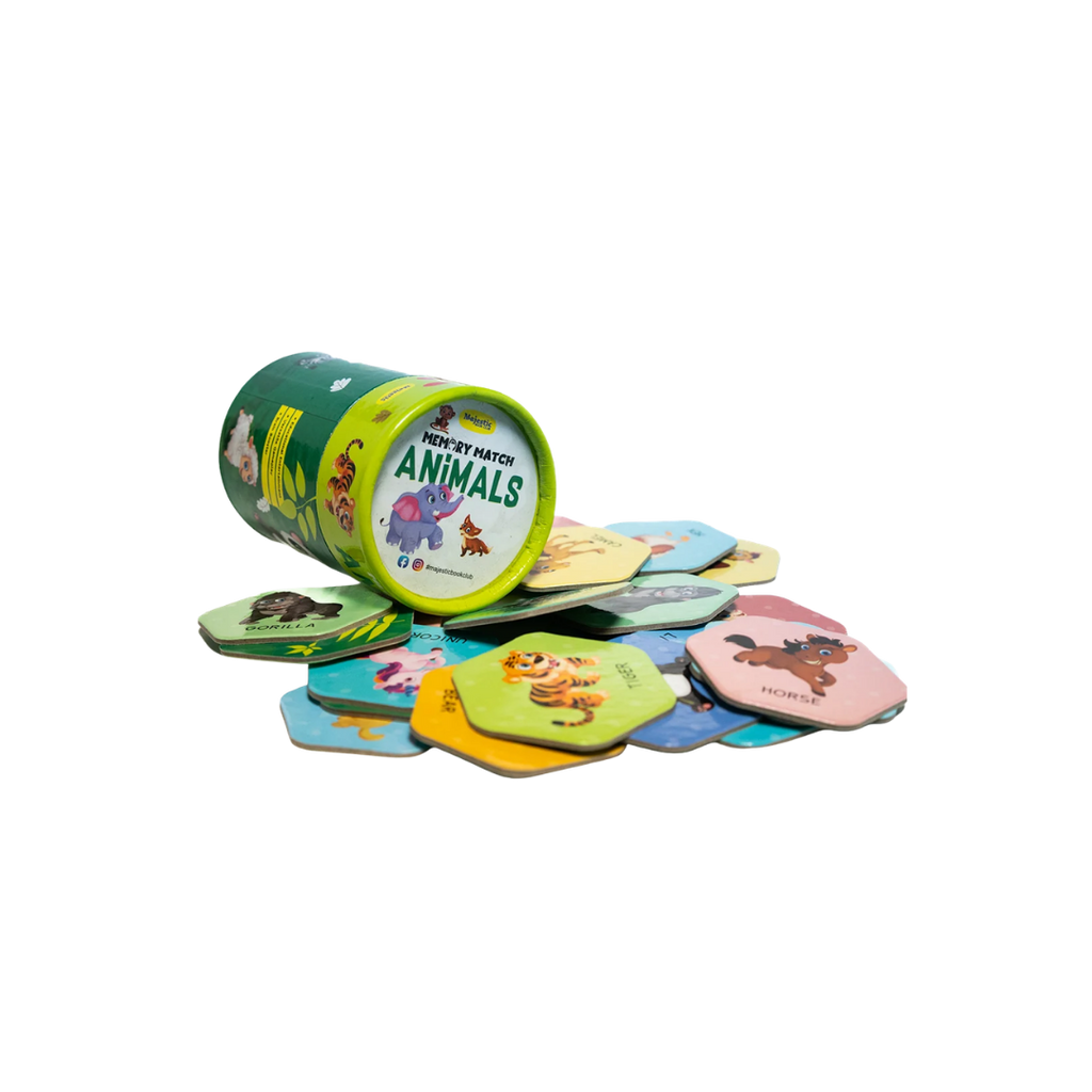 A children's animal memory card game shown with its green cylindrical container lying on its side and several colorful animal cards spilled out in front, photographed on a plain white background.
