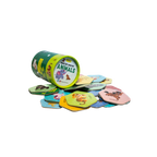 A children's animal memory card game shown with its green cylindrical container lying on its side and several colorful animal cards spilled out in front, photographed on a plain white background.
