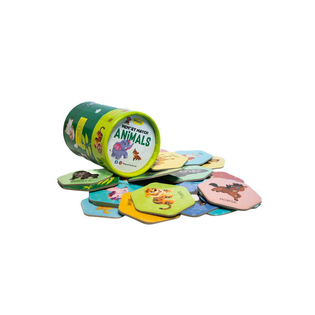 A children's animal memory card game shown with its green cylindrical container lying on its side and several colorful animal cards spilled out in front, photographed on a plain white background.