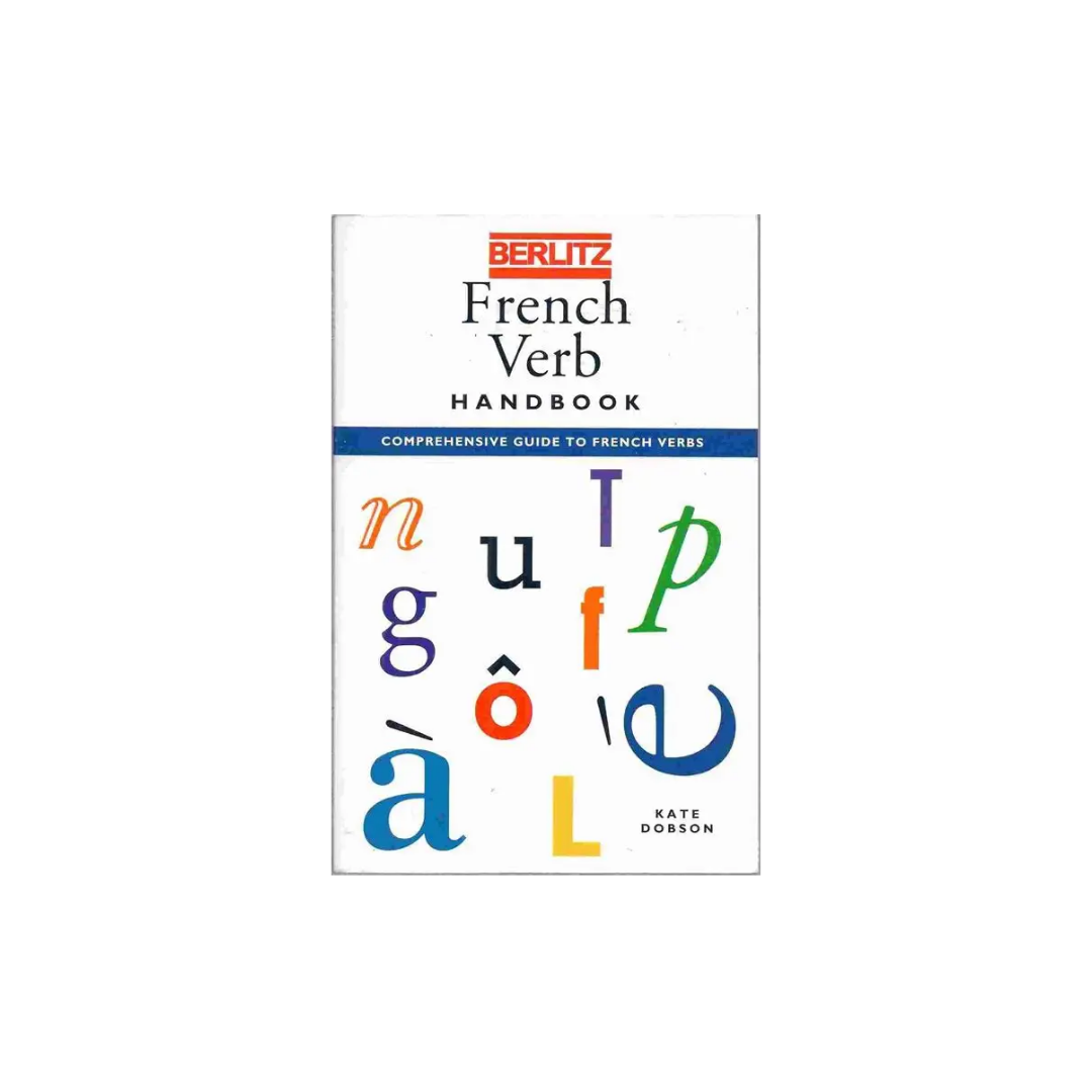Front cover of the Berlitz French Verb Handbook by Kate Gordon, shown on a plain white background. The cover is mostly white with multicolored letters spelling out French letters and the Berlitz logo at the top.