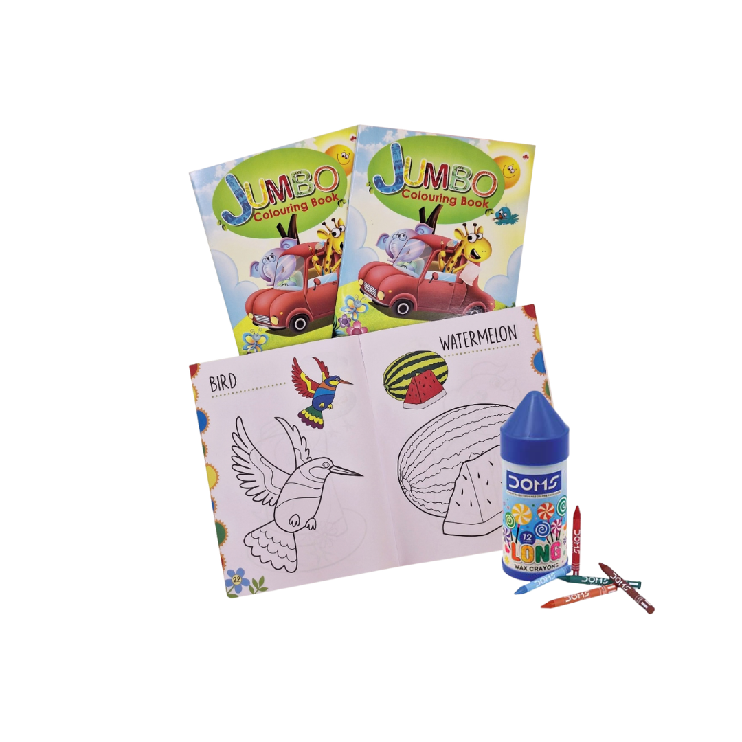 Two Jumbo Colouring Books, an open page showing a bird and watermelon, and a container of twelve DOMS long wax crayons on a plain white background.