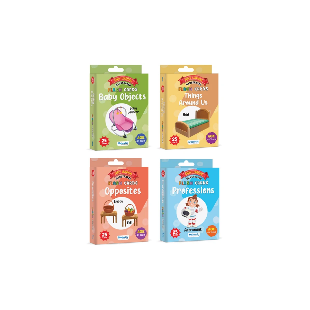 Four boxed children's activity cards arranged in a 2x2 grid on a plain white background. The packages are labeled 'Pluie classes' and include titles such as Baby Objects, Things Around Us, Opposites, and Professions.