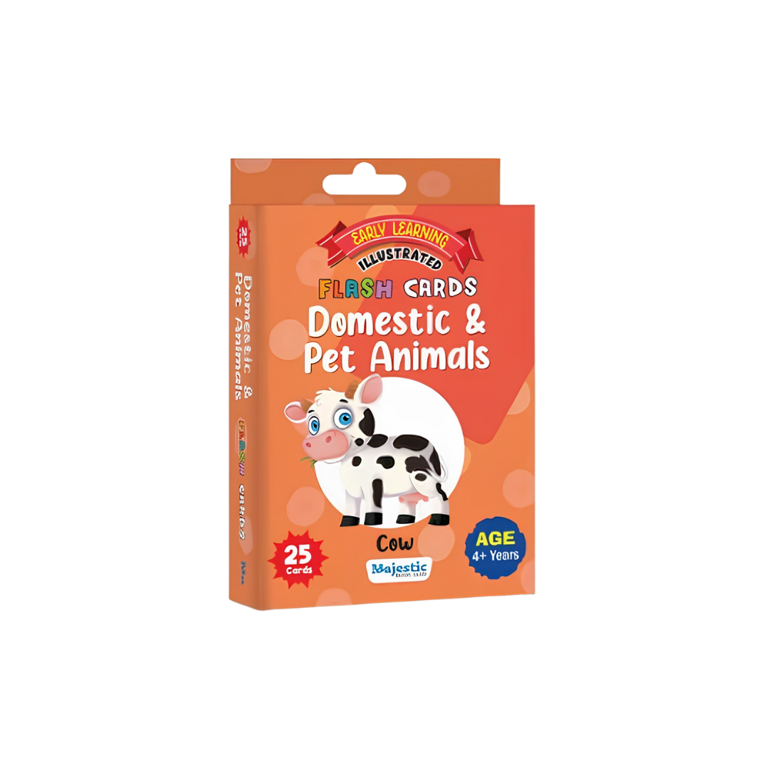 A boxed set of illustrated flash cards titled "Domestic & Pet Animals" by Savvy Learner, featuring a cow illustration on the front and a bright orange package design.