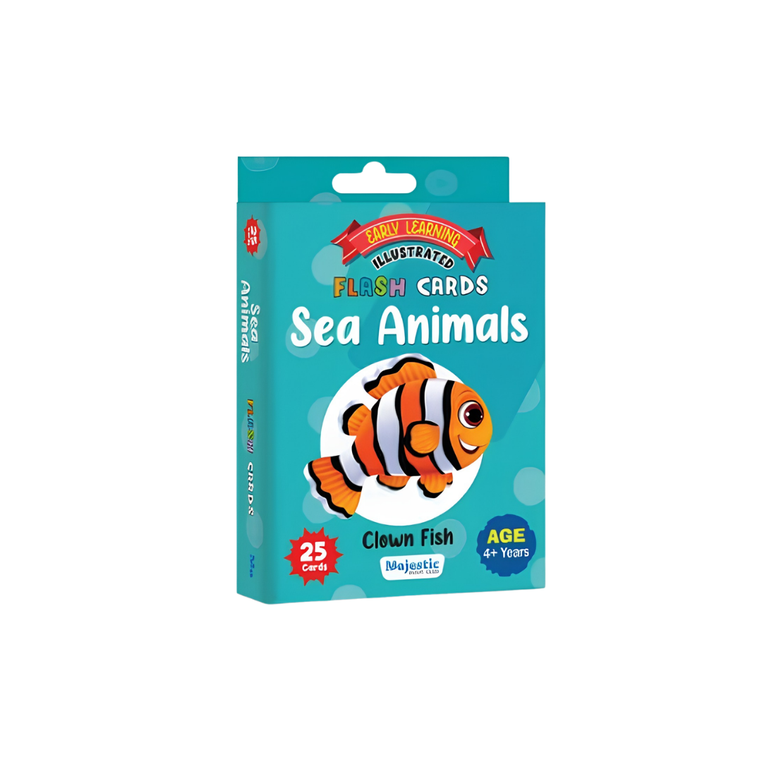Majestic brand 'Sea Animals' illustrated flash cards in a teal blue box featuring a clown fish illustration and product text on a white background.