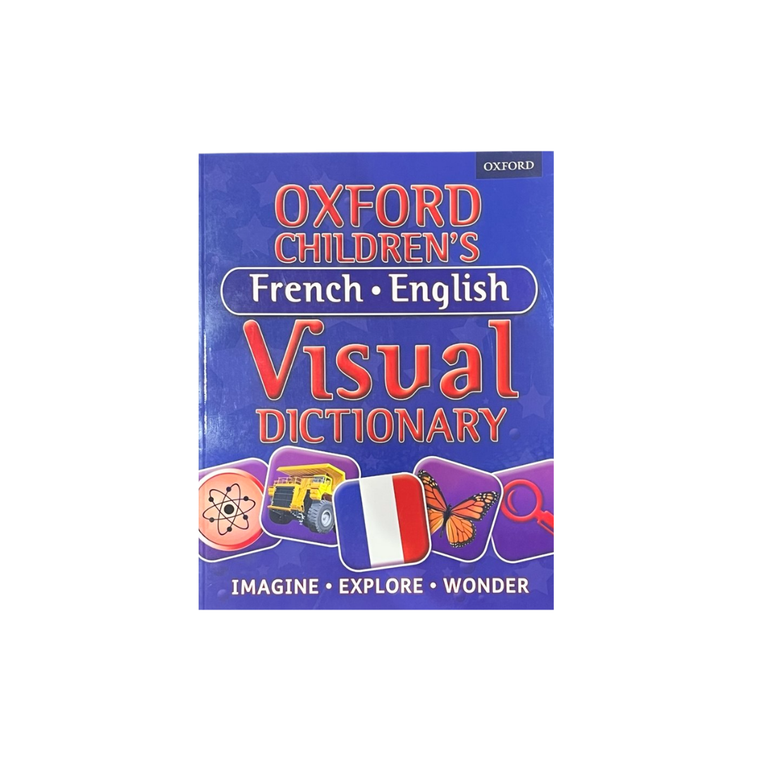 Oxford Children's French-English Visual Dictionary book cover, featuring a vibrant purple background with red and white title text and colorful educational illustrations at the bottom.