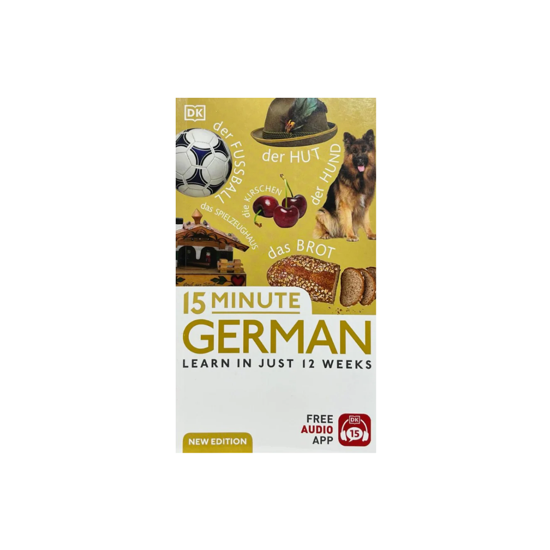 Book cover of '15 Minute German' with images and text on a yellow background