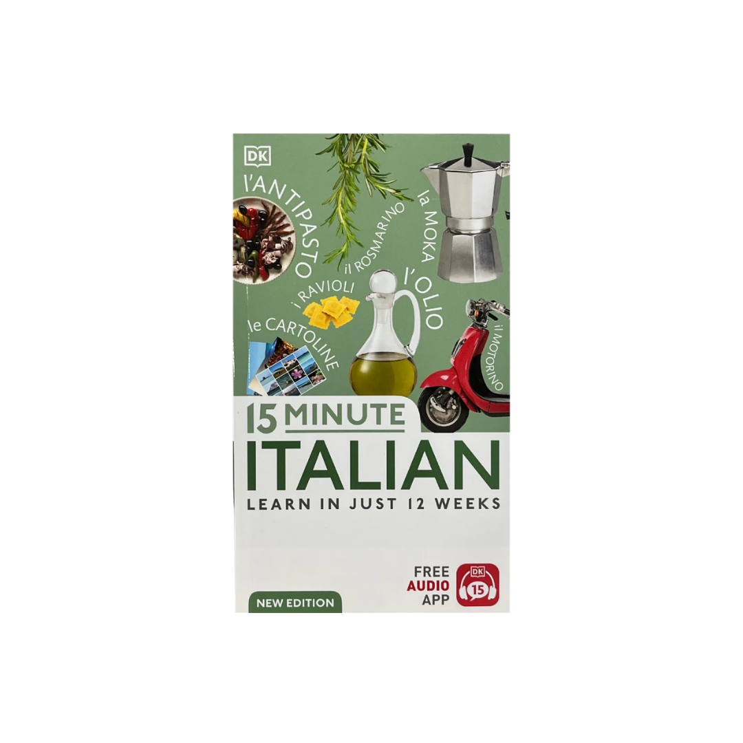 Book cover of '15 Minute Italian' with images of Italian food and culture on a green background.