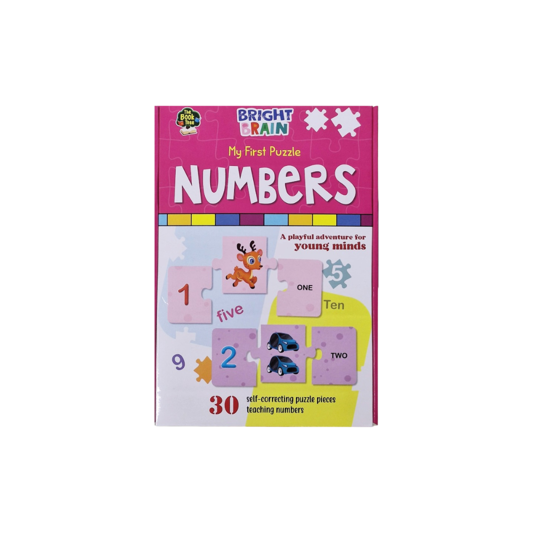 Bright Brain My First Puzzle Numbers box featuring colorful puzzle pieces with numbers, a deer, and cars, designed for teaching young children math.