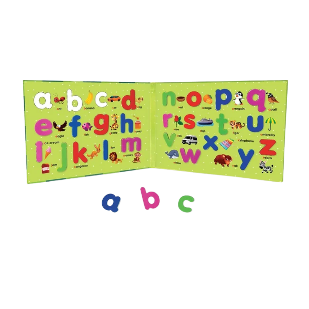 An open children's alphabet book with colorful letters and small illustrations on a light green page, shown on a white background with three loose letters below.