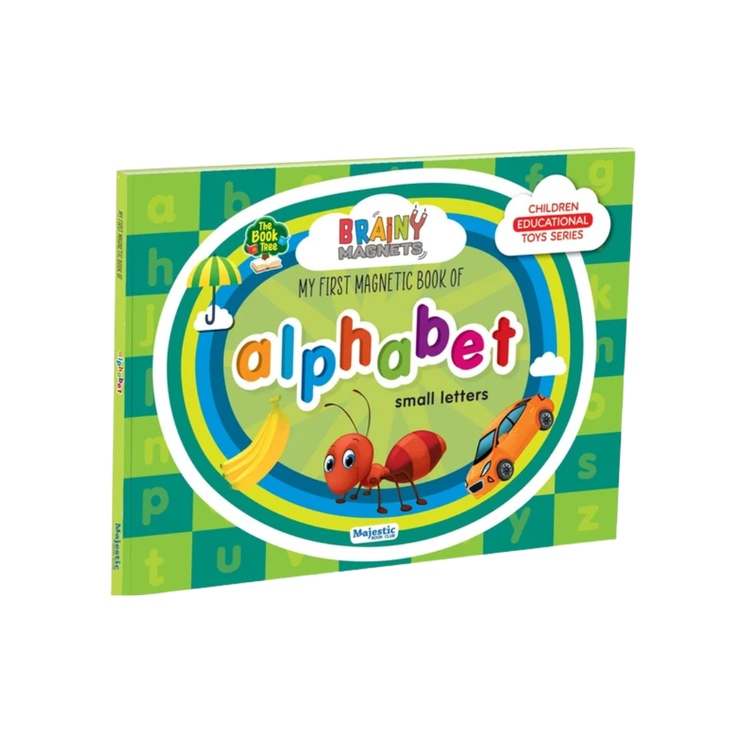 A green and yellow checkered book titled My First Magnetic Book of Alphabet with illustrations of an ant, a banana, a car, and an umbrella on cover.