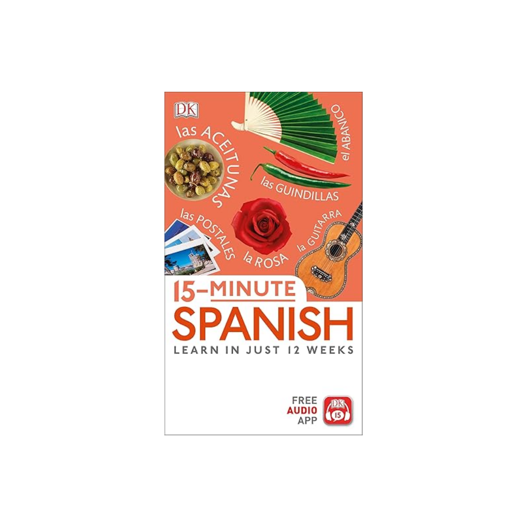 Book cover of '15-Minute Spanish' with Spanish-themed illustrations on a white background