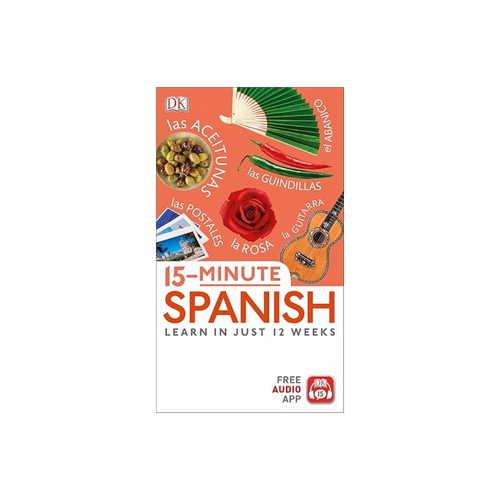 Book cover of '15-Minute Spanish' with Spanish-themed illustrations on a white background