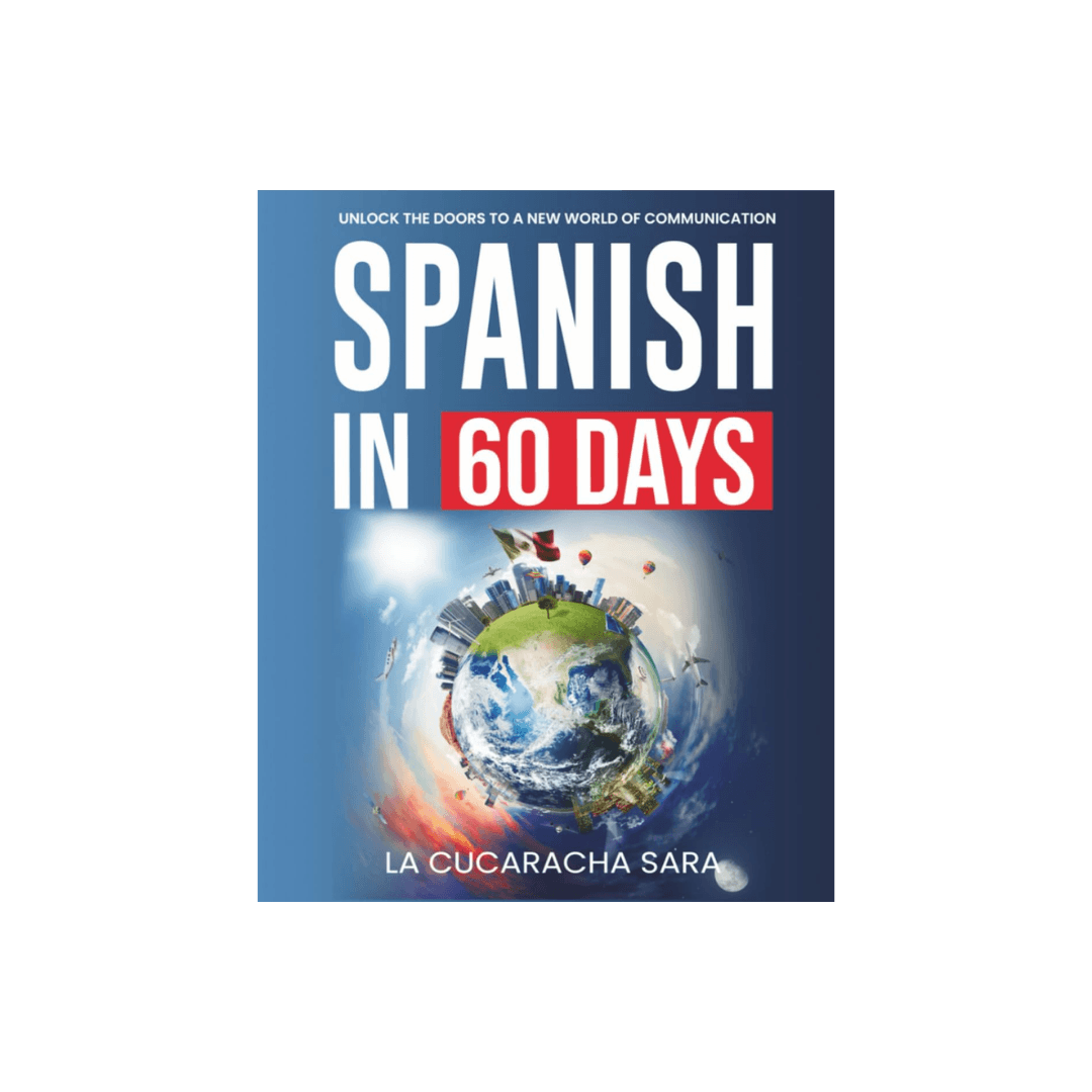 Book cover of 'Spanish in 60 Days' with a world map design on a blue background
