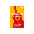 Book cover of 'Spanish in 3 Months' with a guitar design on a yellow background