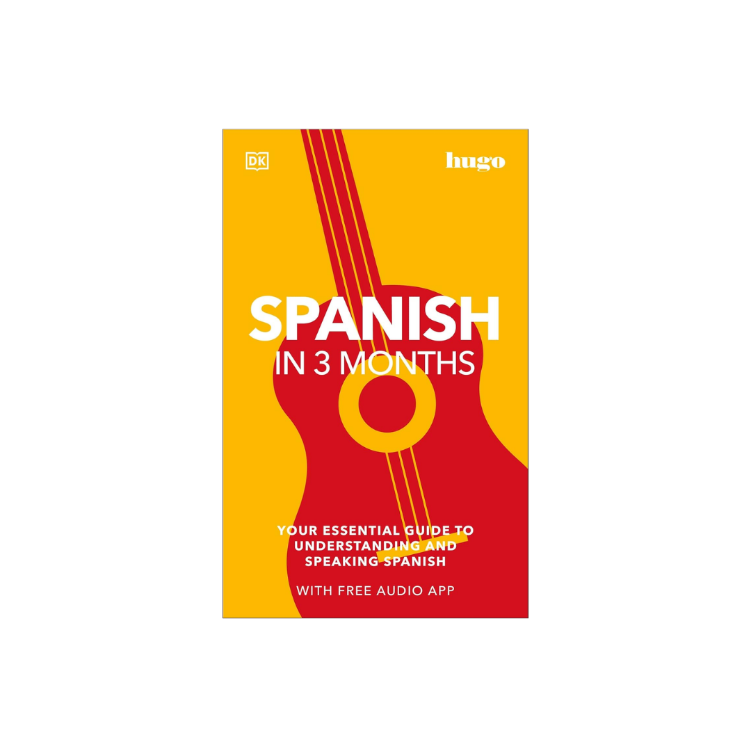Book cover of 'Spanish in 3 Months' with a guitar design on a yellow background