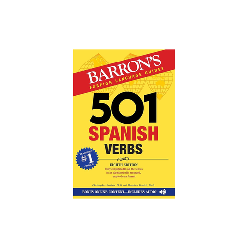 Front cover of the book 'Barron's 501 Spanish Verbs' shown on a plain white background. The cover is predominantly yellow with a red banner at the top, large black and red title text, and blue badge accents.